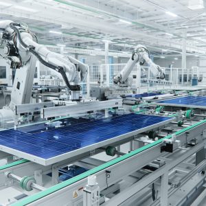 Wide,Shot,Of,Solar,Panel,Production,Line,With,Robot,Arms