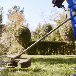 Gardener with weedwacker cutting the grass in the garden